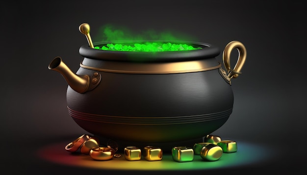 Festive cauldron with green alchemy potion, decoction for St. Patrick's Day