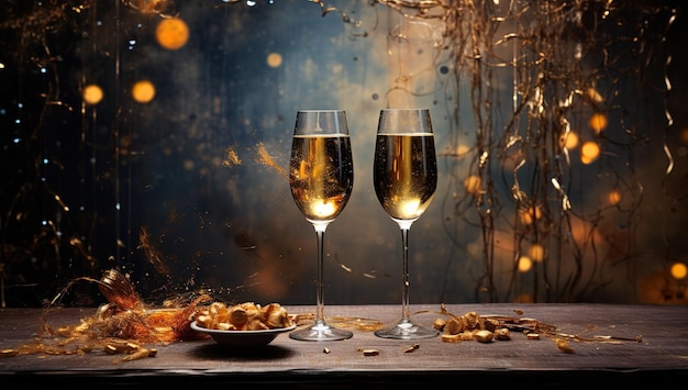 Праздничная концепция празднования Два винных стакана, наполненные красочными конфетами на темном фоне