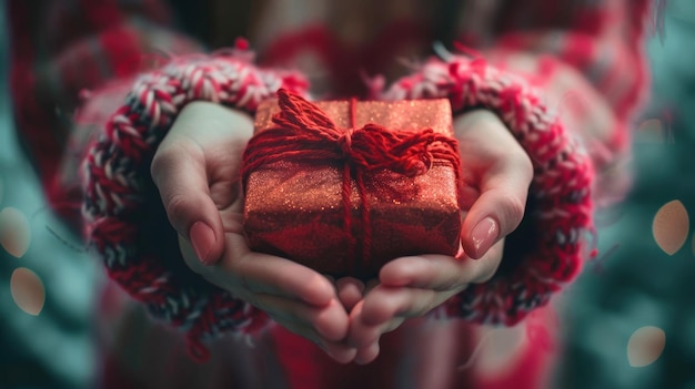 Foto mani festive che tengono delicatamente una scatola da regalo rosso scintillante