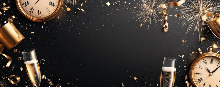 Photo festive celebration setup with clocks champagne glasses and fireworks creating a vibrant new year atmosphere