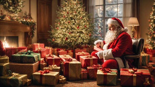 Festive celebration with Santa Claus placing the gift boxes and tree decoration