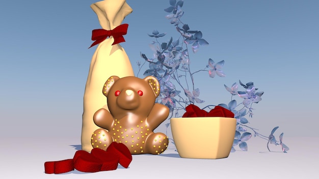 Festive chocolate bear and sweets 3D rendering