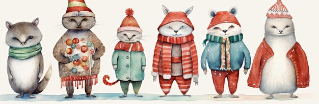 festive christmas animals in the style of watercolor illustrations