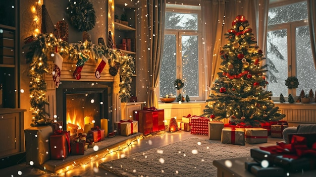 A festive Christmas background depicting a cozy living room adorned Generative Ai