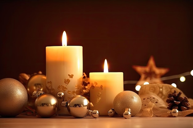 Festive christmas background with beautiful ornaments candles and warm lighting