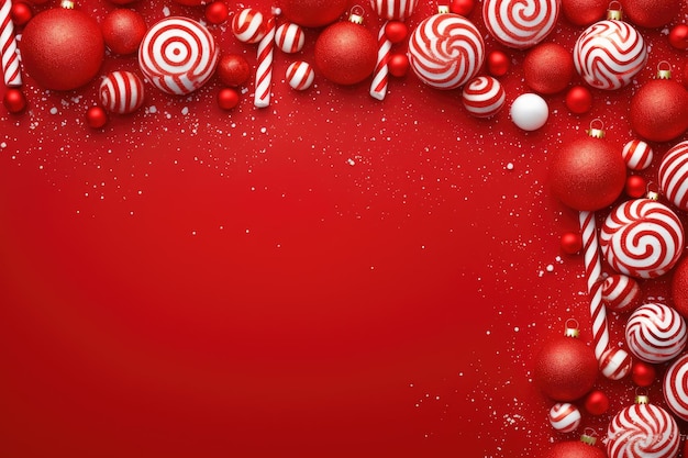 Festive christmas background with candy cane and baubles in the style of red Generative AI