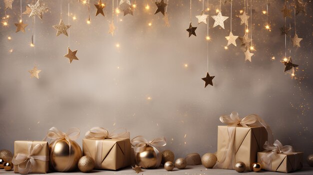 festive christmas background with golden stars and gift boxes