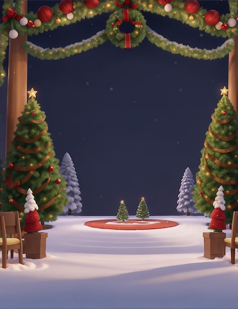 Foto uno sfondo natalizio festivo con un podio con luci scintillanti e neve