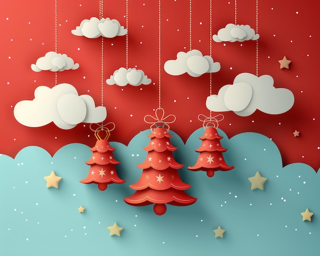 Photo festive christmas background with red and white paper cutout ornaments snowflakes and stars