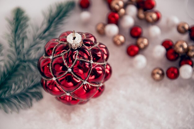 Festive christmas balls composition red and golden color