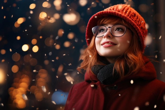 Festive Christmas banner Happy girl on the background with flashes of festive fireworks