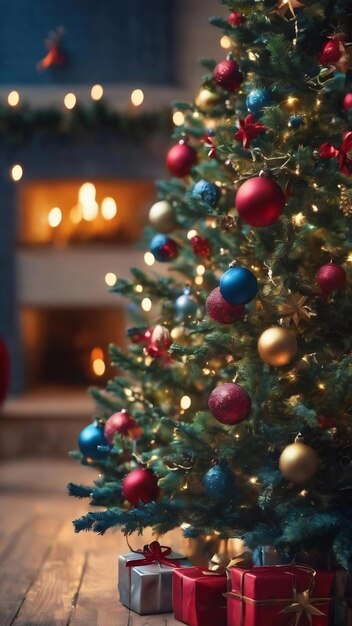 Festive christmas blue background with defocused color lights