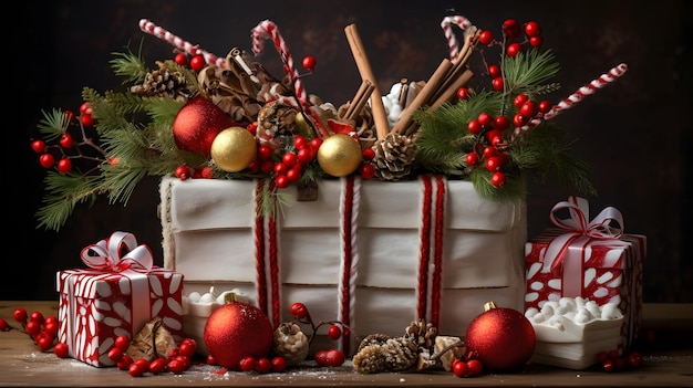 사탕 지팡이와 화려한 장식품으로 장식된 축제 크리스마스 케이크