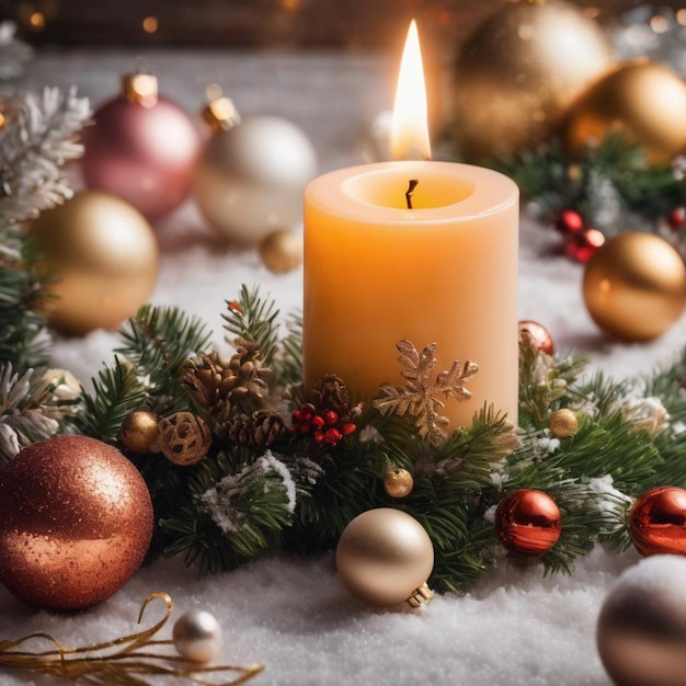 Festive Christmas candle with ornaments on snowy background