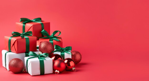 Праздничная рождественская открытка с подарками и украшениями на фоне рождественского праздника