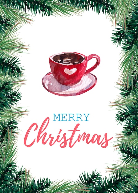 Festive christmas card with hand painted watercolor red cup and coniferous border frame