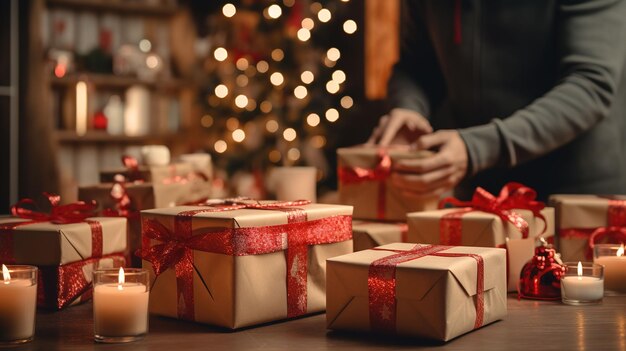 Festive Christmas Celebration Preparing Boxes with Red Ribbons at Home