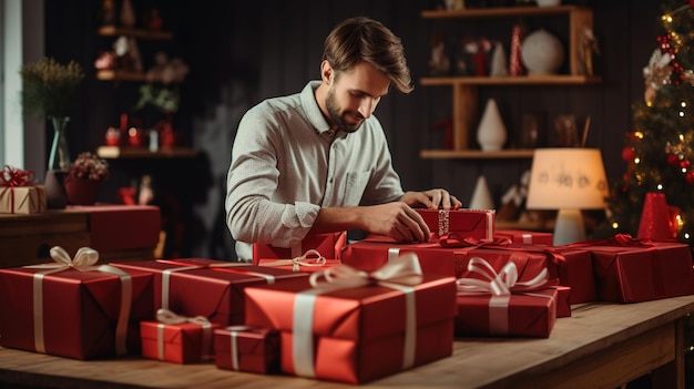 Festive Christmas Celebration Preparing Boxes with Red Ribbons at Home