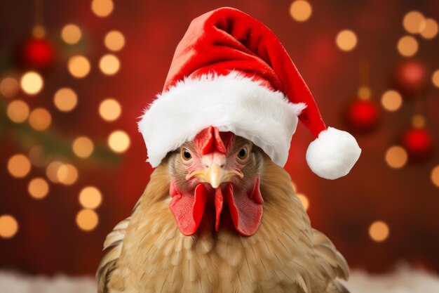 A festive christmas chicken wearing a father christmas santa hat