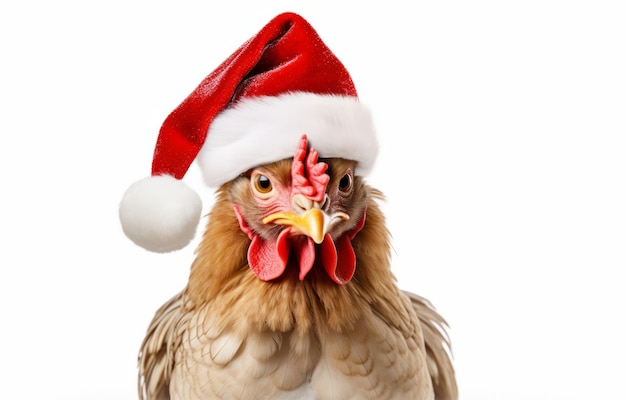 A festive christmas chicken wearing a father christmas santa hat