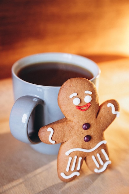 Festive Christmas composition of gingerbread cookies in the shape of a man Background for your greeting cards