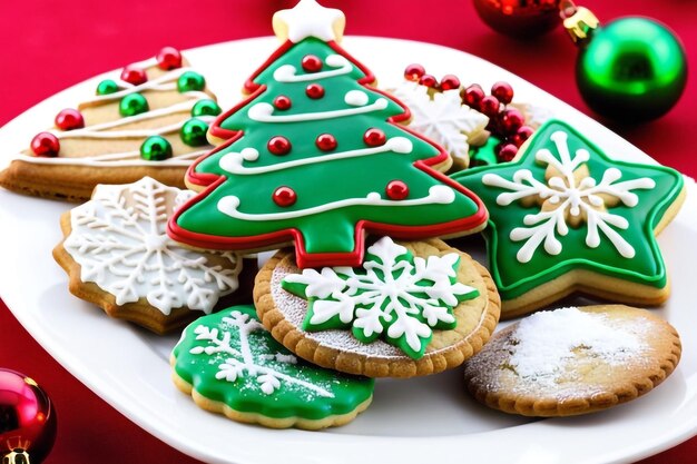 Photo festive christmas cookies with sprinkles and icing