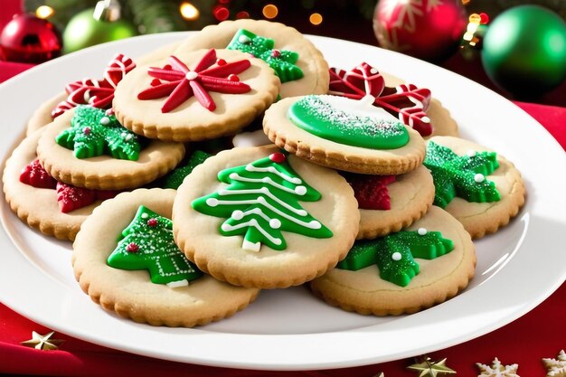 Photo festive christmas cookies with sprinkles and icing