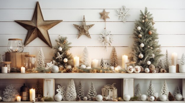 festive Christmas decor using lush fir branches charming ornaments and softly glowing candles on a clean white wooden background the holiday spirit with this picturesque composition