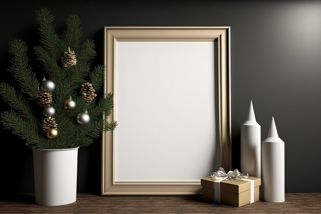 Festive Christmas decorations inside Mockup of a blank horizontal wooden picture frame on a floor made of dark tiles Pine tree branches in a vase with gift wrap Background of a white hall artisti