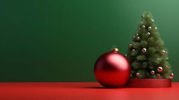 Festive Christmas Decorations and Tree Minimalist Red Background Joyful Holiday Atmosphere