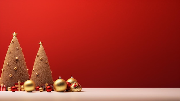Праздничные рождественские украшения и дерево Минималистский красный фон Радостная праздничная атмосфера