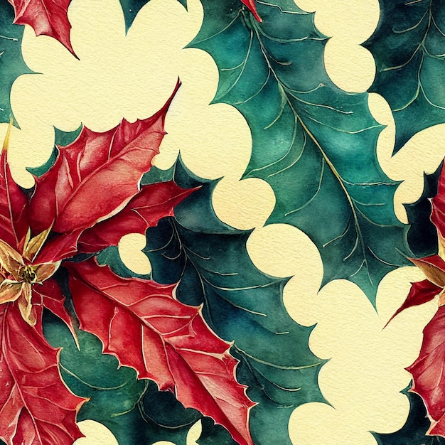 Festive Christmas flowers and plants. Seamless repeating pattern. Digital watercolor