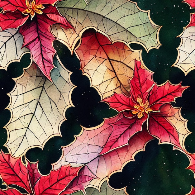 Festive Christmas flowers and plants. Seamless repeating pattern. Digital watercolor