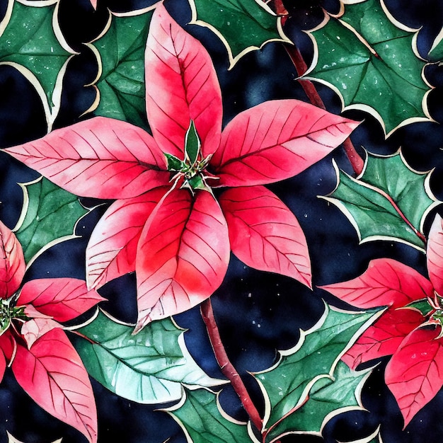 Festive Christmas flowers and plants. Seamless repeating pattern. Digital watercolor