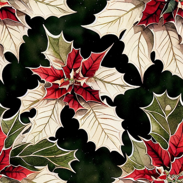 Festive Christmas flowers and plants. Seamless repeating pattern. Digital watercolor