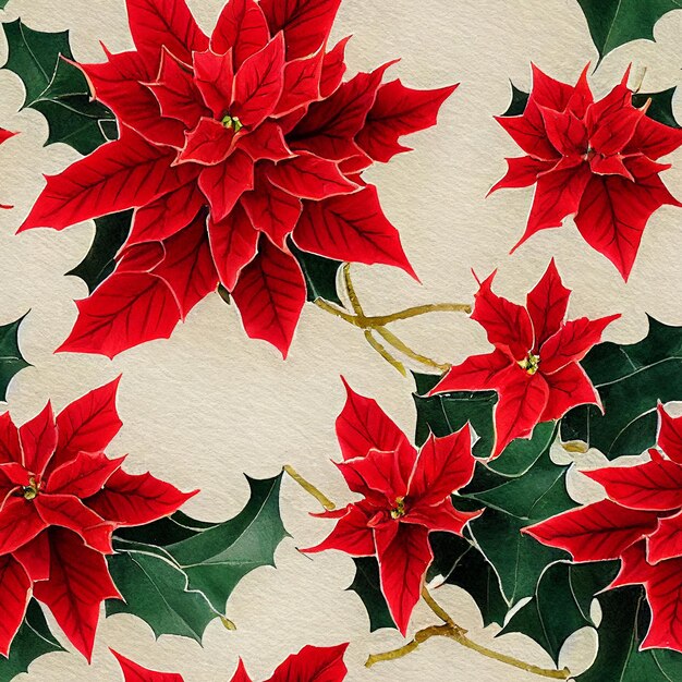 Festive Christmas flowers and plants. Seamless repeating pattern. Digital watercolor