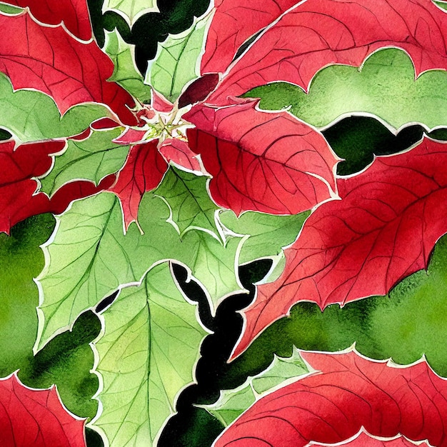 Festive Christmas flowers and plants. Seamless repeating pattern. Digital watercolor