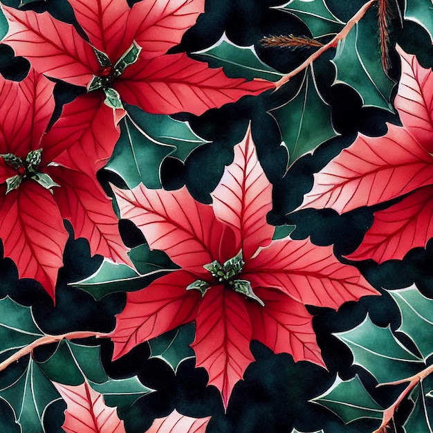 Festive Christmas flowers and plants. Seamless repeating pattern. Digital watercolor