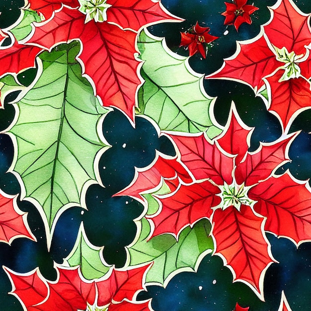 Festive Christmas flowers and plants. Seamless repeating pattern. Digital watercolor