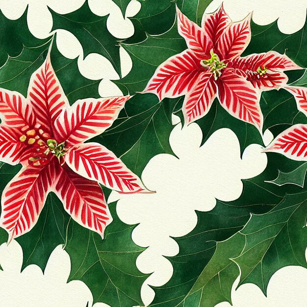 Festive Christmas flowers and plants. Seamless repeating pattern. Digital watercolor