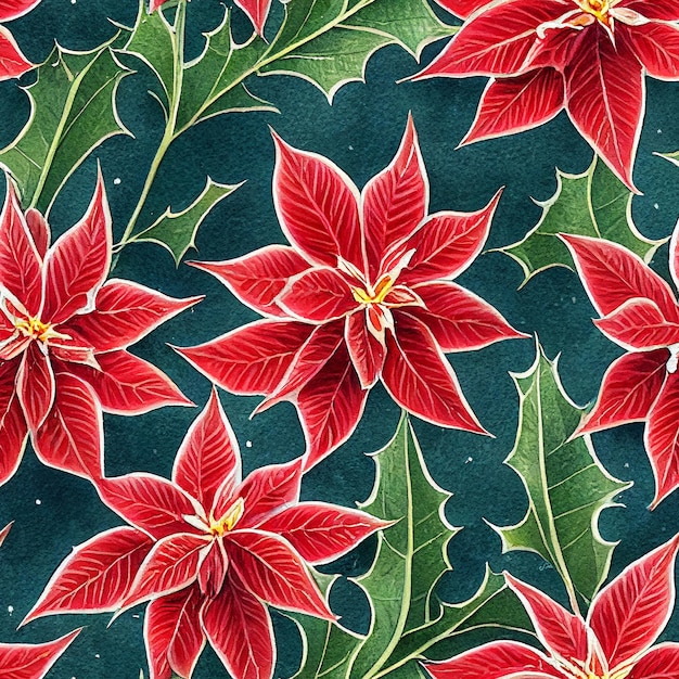 Festive Christmas flowers and plants. Seamless repeating pattern. Digital watercolor