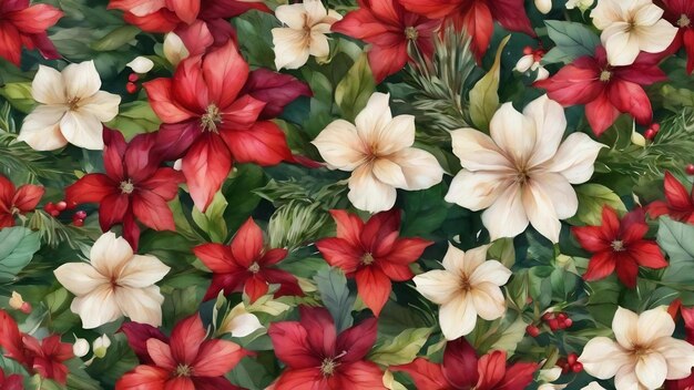 Festive christmas flowers and plants seamless repeating pattern digital watercolor