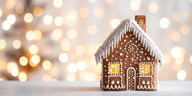 A festive christmas gingerbread house decorated with white icing