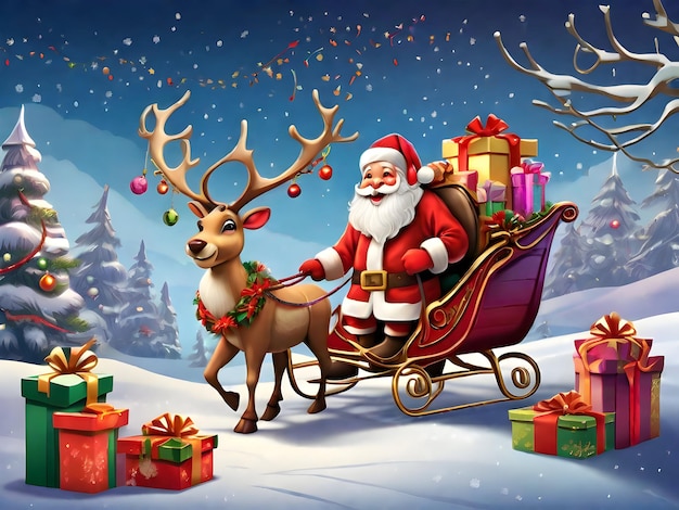 Festive christmas greeting card design with santa gifts and reindeer