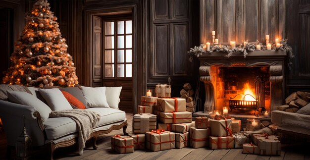 Festive Christmas interior of a house with a Christmas tree and New Year's gifts by the fireplace AI generated image