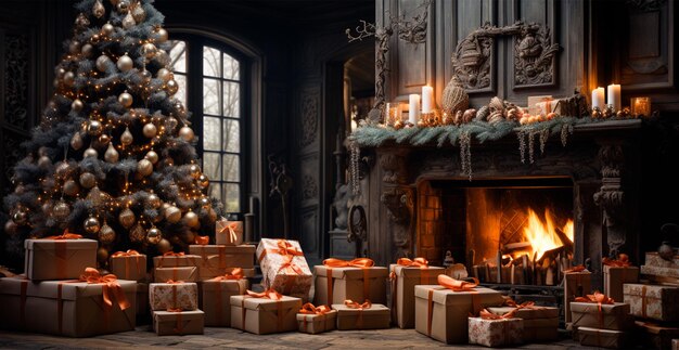 Festive Christmas interior of a house with a Christmas tree and New Year's gifts by the fireplace AI generated image