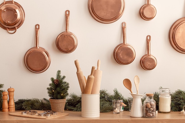 Festive christmas kitchen table with baking tools