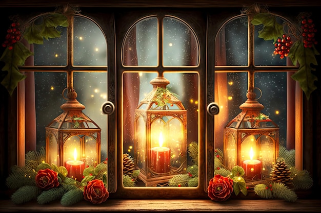 Festive christmas lanterns on window with burning candles and greens created with generative ai