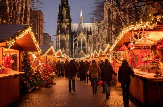 Festive Christmas market bustling in Cologne Germany