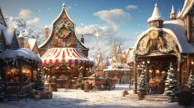 A festive Christmas market with colorful stalls selling gifts treats and decorations